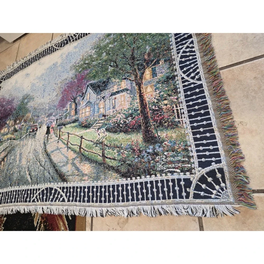 Thomas Kinkade Woven Tapestry Throw Blanket Rainy Neighborhood